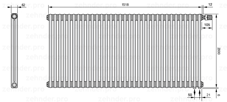 Схема (чертеж) Радиатор Zehnder Charleston 2200/33 №V002 Белый глянцевый RAL 9016